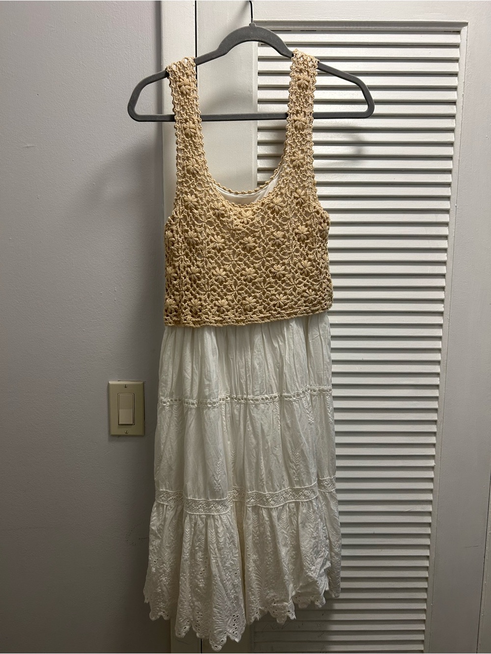 Anthropologie Crochet Tank & White Eyelet Skirt Dress - Cream Top, White Skirt